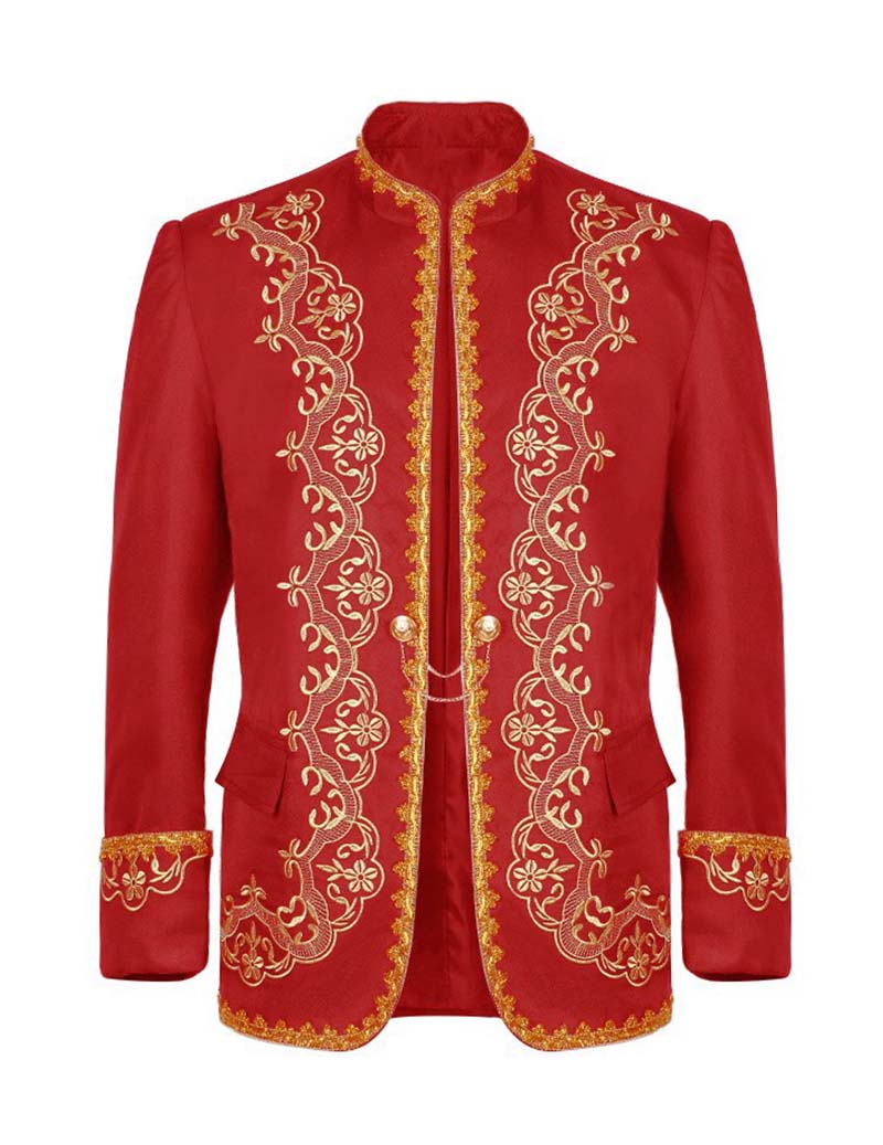 Men's red embroidered mandarin-collar blazer jacket with gold ornate front trim