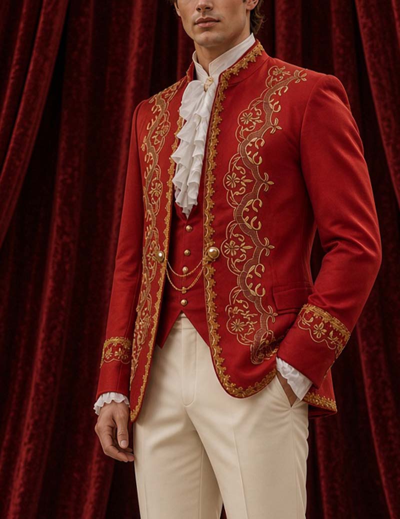 Men's red mandarin-collar blazer jacket with gold embroidery, side view