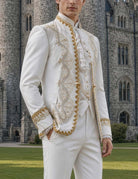 Men's white mandarin-collar blazer jacket with gold embroidery, side profile