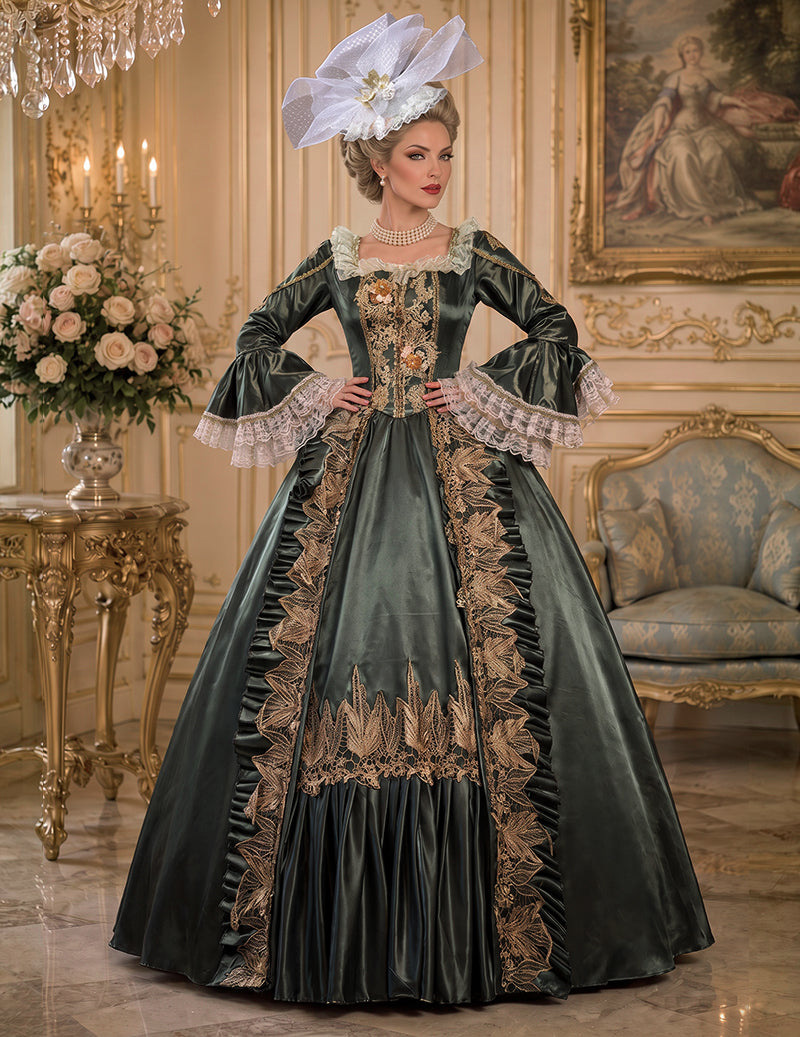 Medieval court gown in dark green satin with gold embroidery, lace bell sleeves, headpiece
