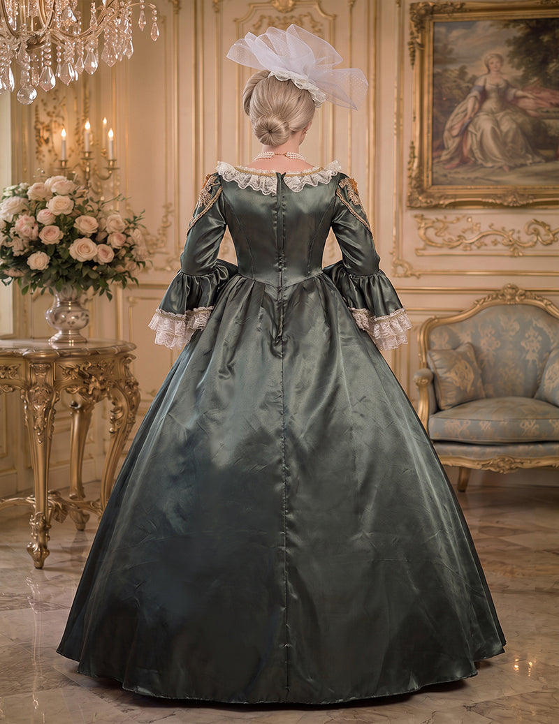 Dark green medieval court gown with gold embroidery, lace-trimmed bell sleeves, full skirt