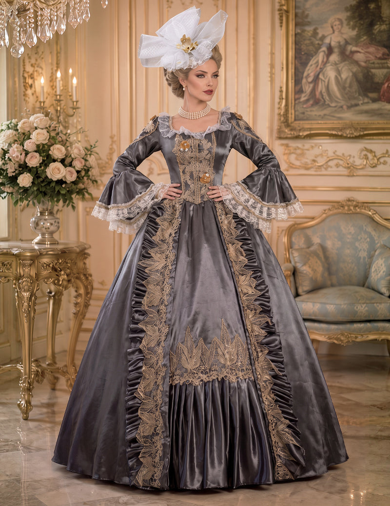 Medieval court gown in charcoal gray satin with gold embroidery, lace bell sleeves, headpiece