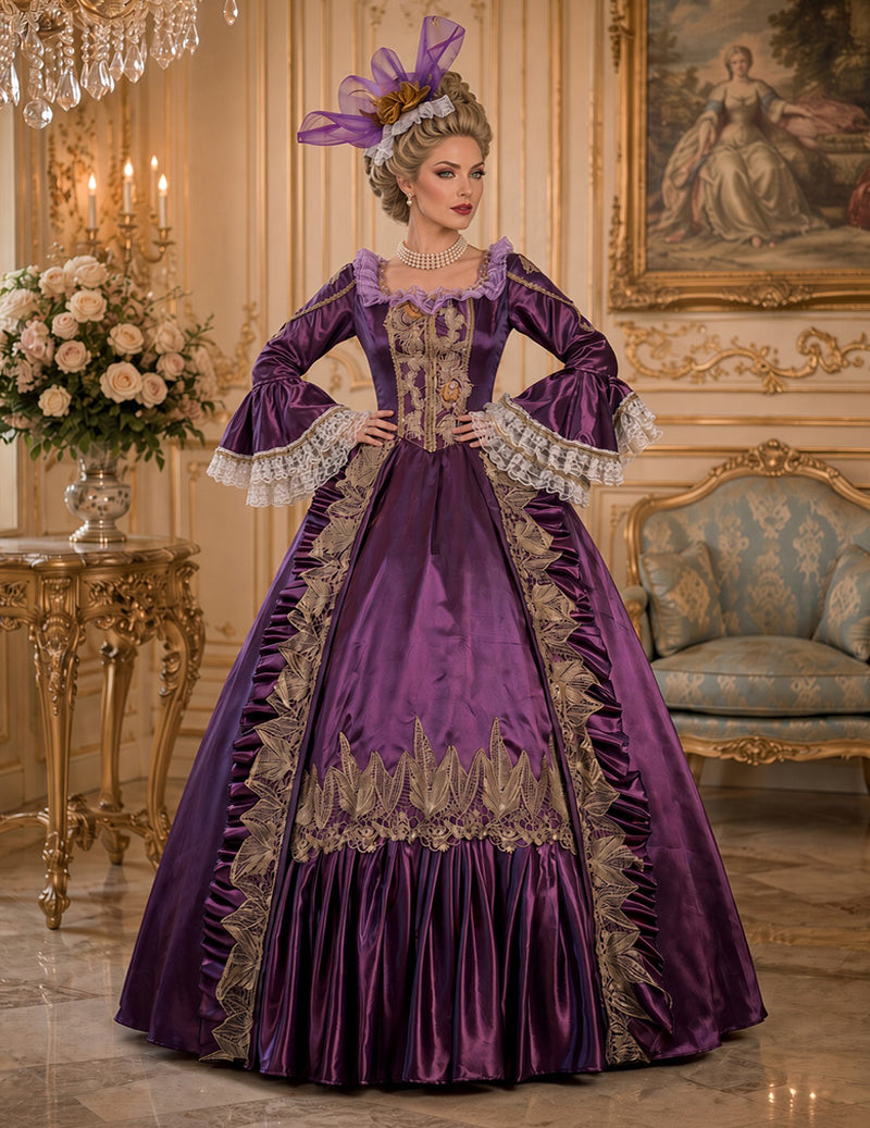 Medieval Court Gown with Gold Embroidery Lace Bell Sleeve and Headpiece