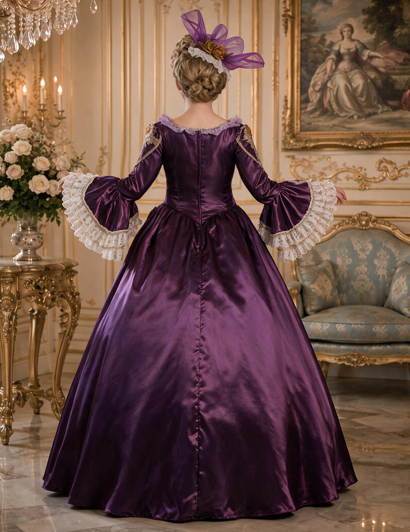 Royal purple medieval court gown with lace-trimmed sleeves and full skirt, back view