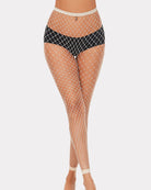 Fishnet tights with light mesh and black high-waist brief panel, slim diamond grid