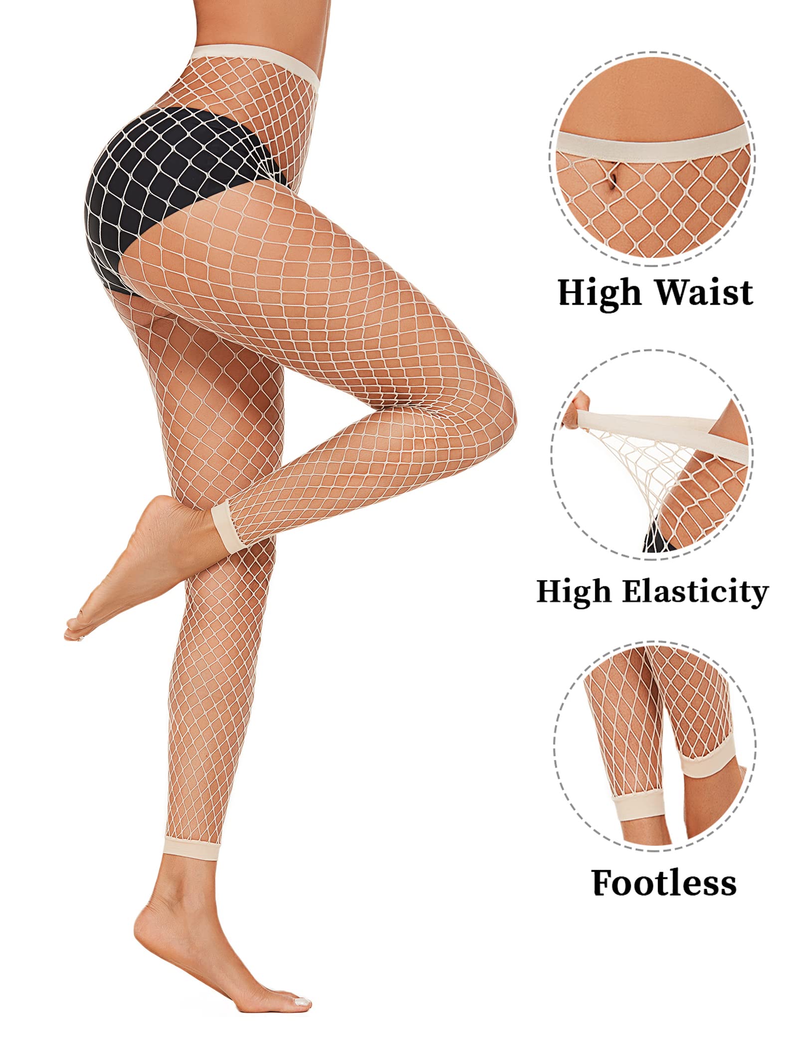 White fishnet stockings with black high-waist band and footless diamond net