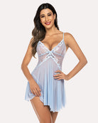 Light blue lace babydoll nightdress with V-neck cups, bow detail, and short pleated hem