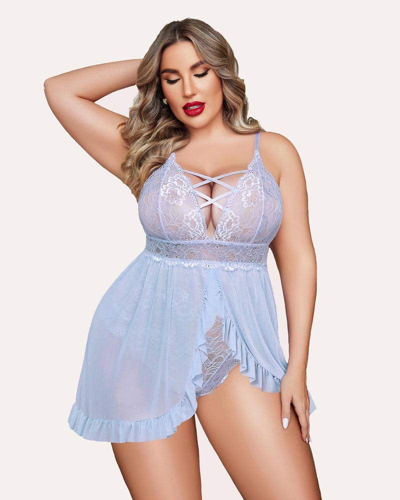 Light blue lace babydoll with crisscross strap neckline and ruffled sheer skirt, plus size