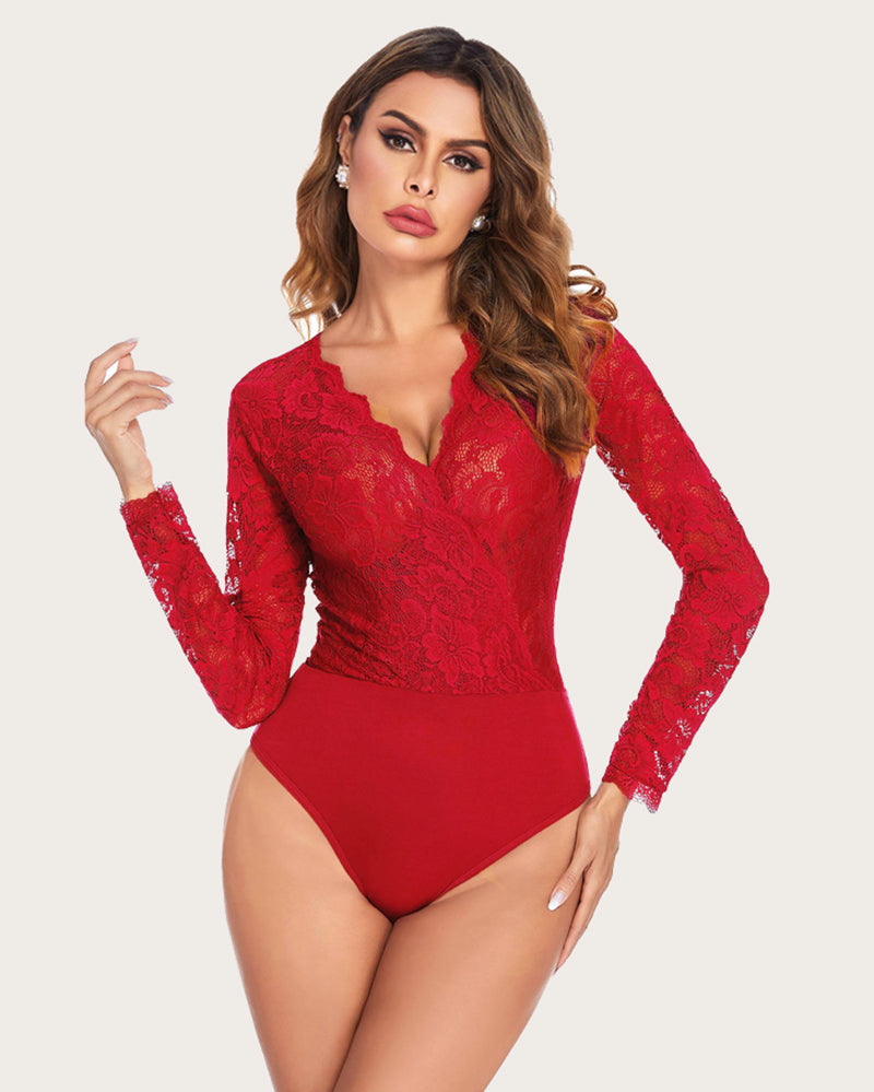 Red lace deep V bodysuit with long sleeves, fitted lace front