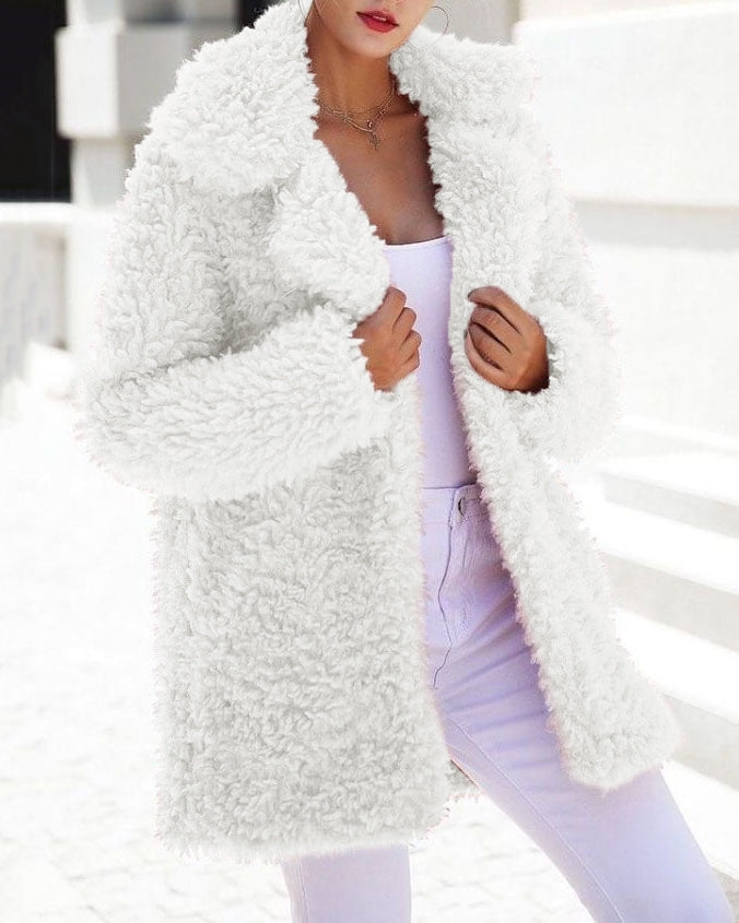 Apricot oversized fleece teddy jacket, open front, shaggy sherpa texture