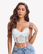 White lace underwire corset bralette with scalloped edges and lace-up corset detail