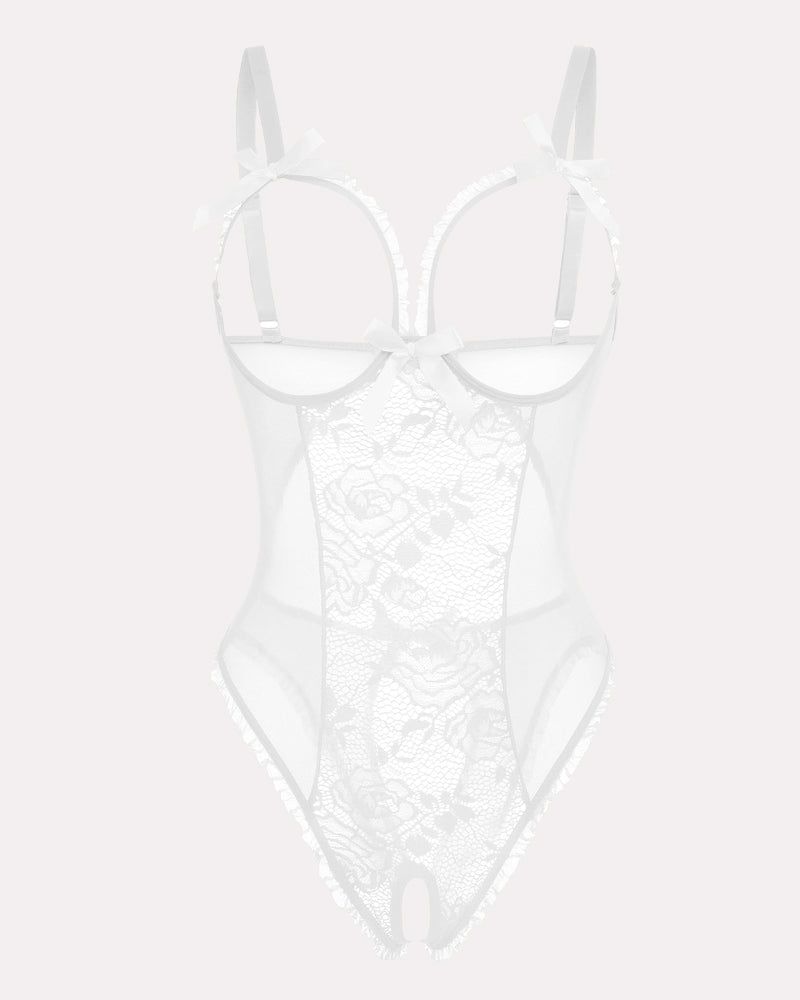 White lace mini bodysuit with underwire cups, ribbon bows, sheer panels, open crotch