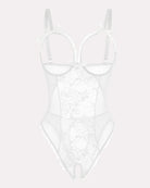 White lace mini bodysuit with underwire cups, ribbon bows, sheer panels, open crotch