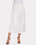 White satin half slip long underskirt with elastic waist and lace-trim hem