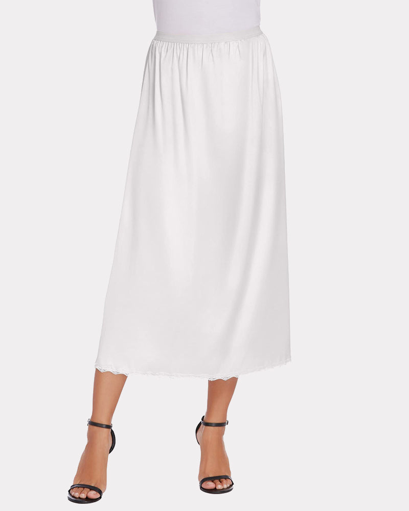 White satin half slip long underskirt with elastic waist and lace-trim hem