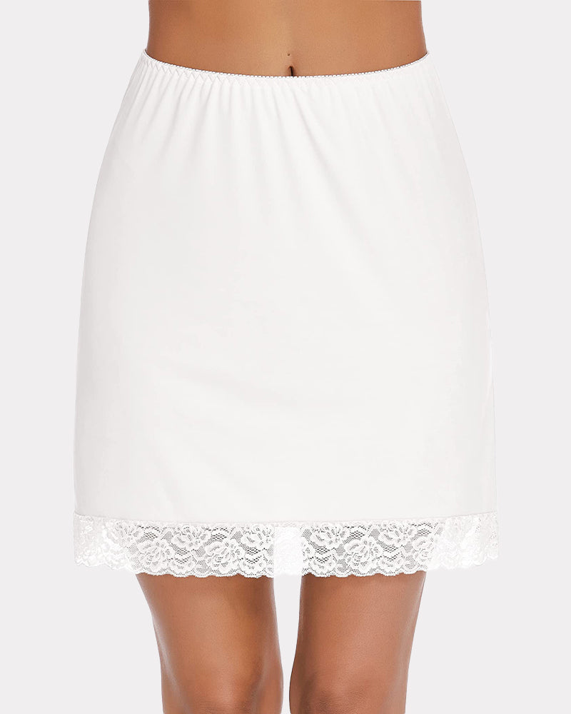White half slip skirt with lace hem and gathered elastic waistband