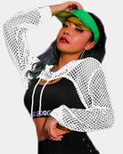 White mesh fishnet crop hoodie with hood, drawstring, long sleeves