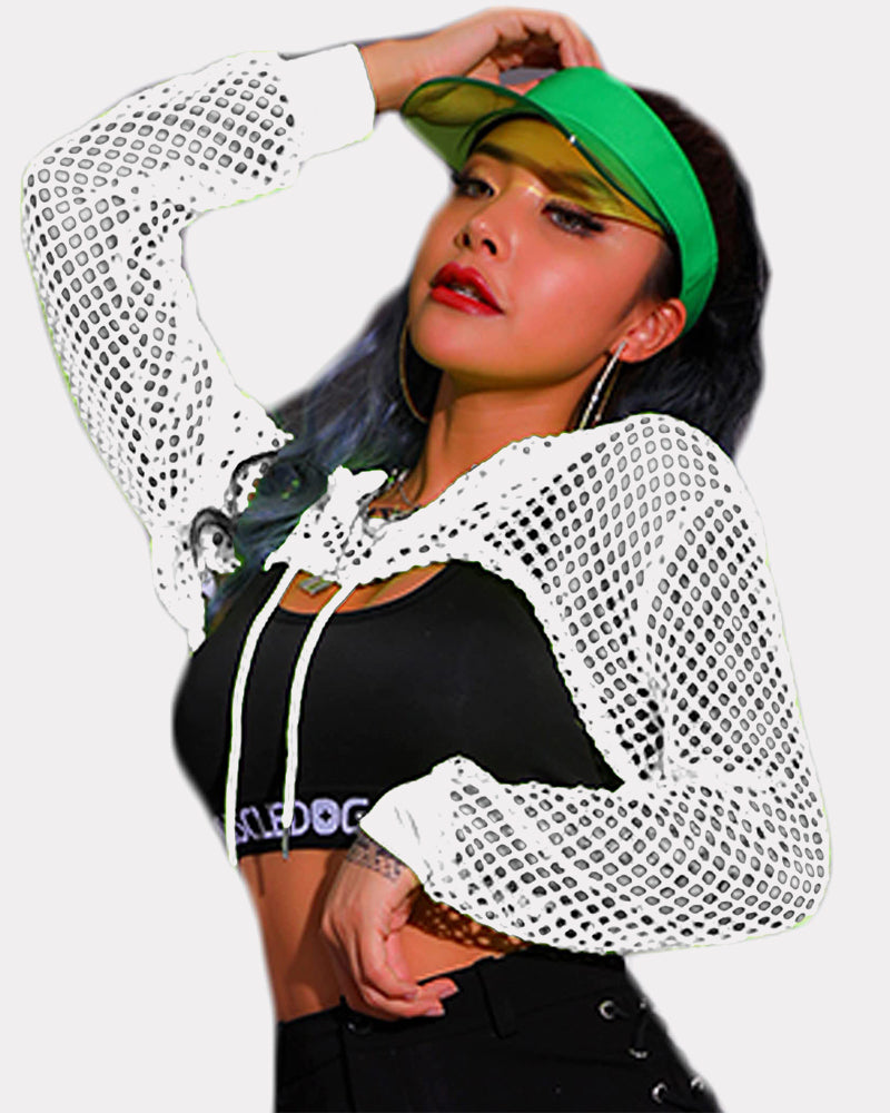 White mesh fishnet crop hoodie with hood, drawstring, long sleeves
