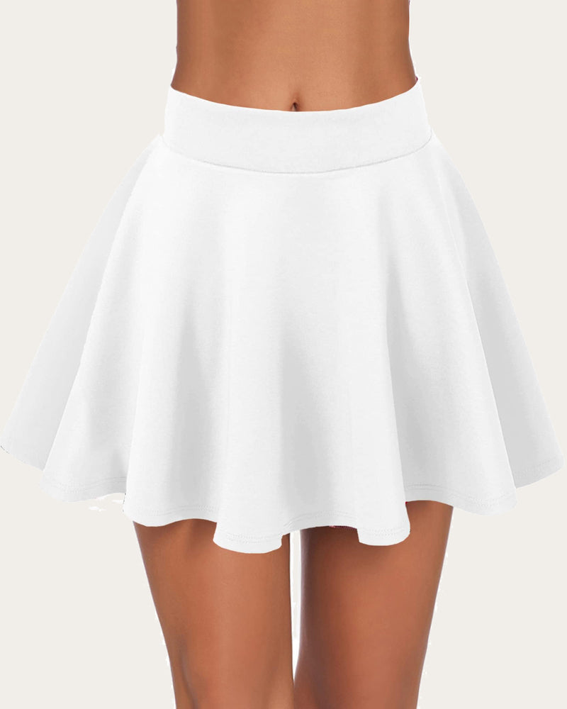 High-waist A-line mini skirt in white with pleated flare and wide waistband.