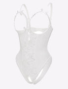 White lace cut-out cup bodysuit with sheer cups and bow shoulder straps