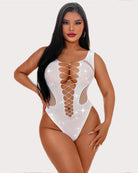 White rhinestone mesh bodysuit with crisscross lace-up front cutout