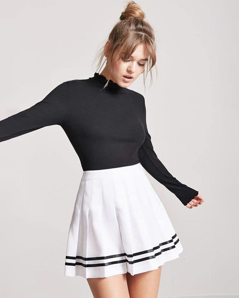 Pleated school uniform skirt, white with black striped hem and flare