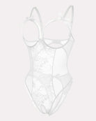 White lace mini bodysuit with lace front panel, underwire cups, ribbon bows, open crotch