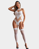 White fishnet bodystocking with high neck cutout pattern and thigh-to-waist mesh panels.