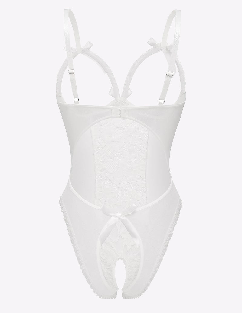 White lace cut-out cup bodysuit with embroidered lace center and bow straps