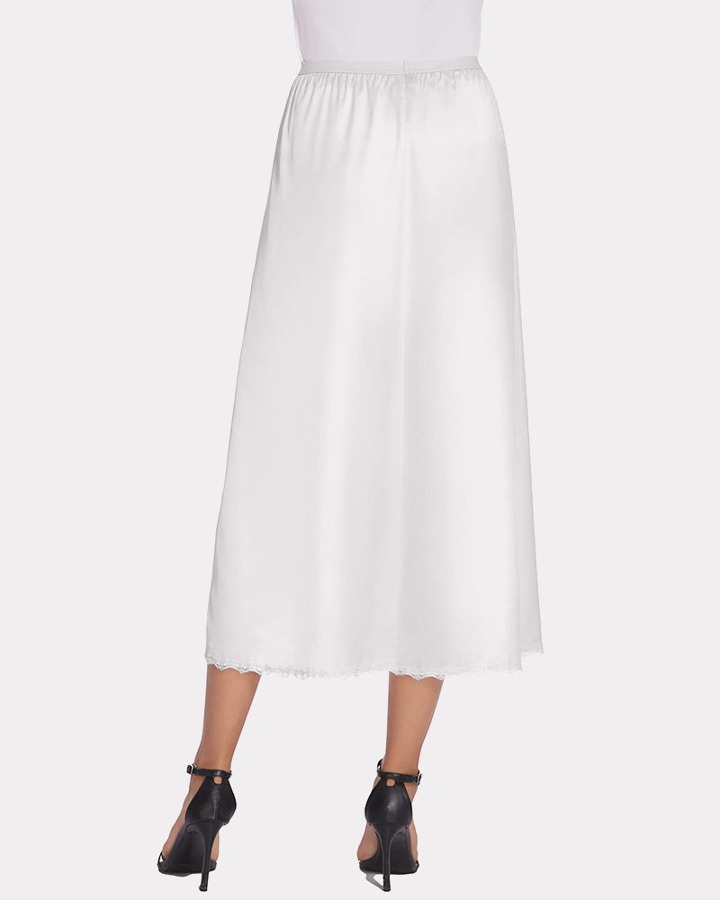 White satin half slip long underskirt with lace hem and gathered elastic waistband
