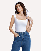 White sleeveless square-neck soft bodysuit shapewear, fitted bodice