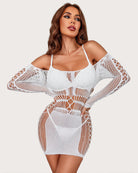 White fishnet rhinestone mini dress with long sleeves and lattice corset panels