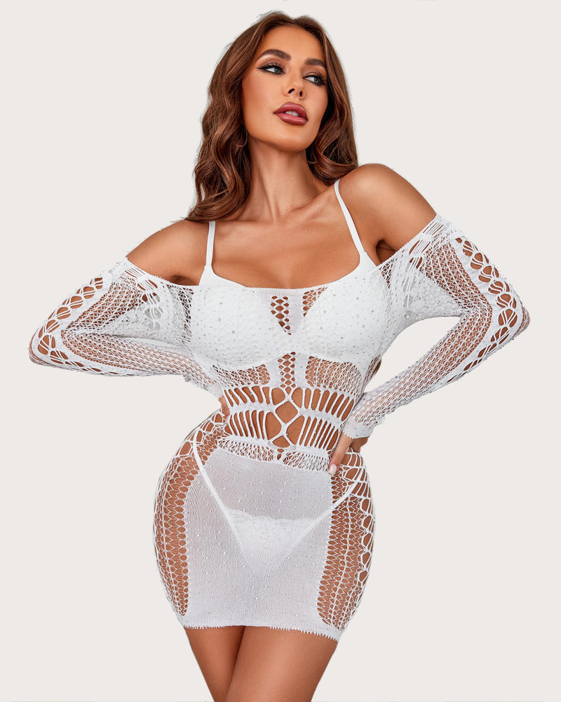 White fishnet rhinestone mini dress with long sleeves and lattice corset panels