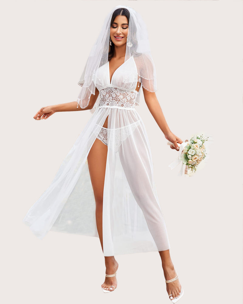 White lace babydoll nightwear with V-neck halter straps, lace bodice, and sheer cover-up veil