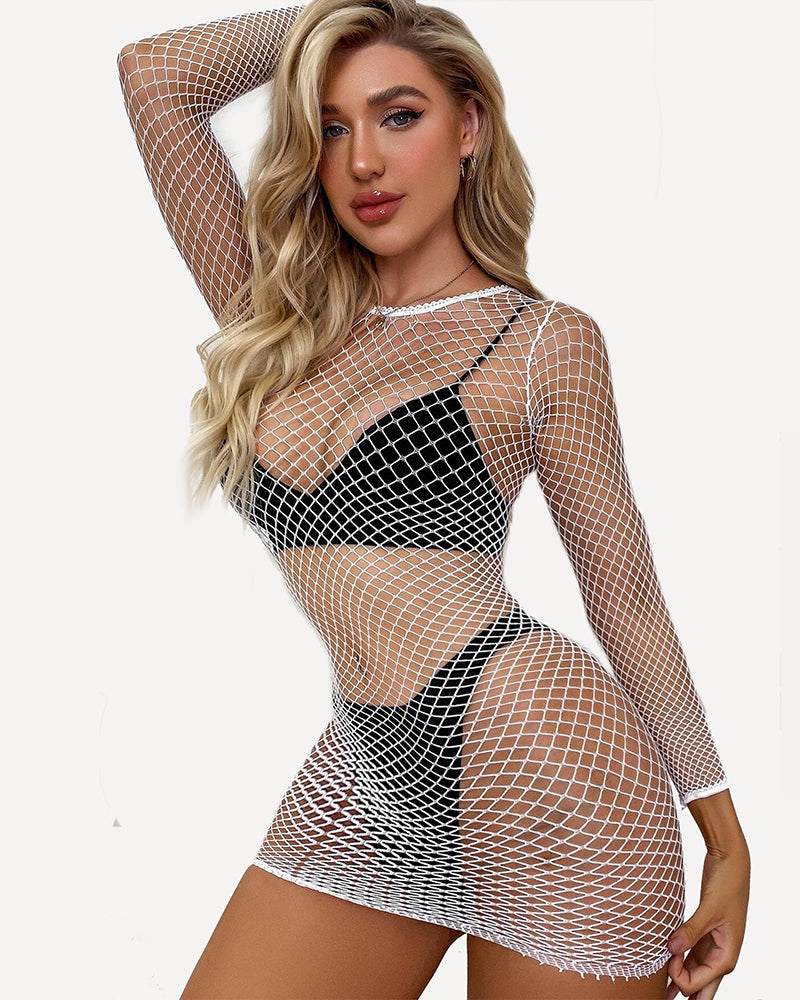 White fishnet long-sleeve cover-up dress with black bust overlay
