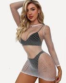 White fishnet long-sleeve cover-up dress with black bust overlay