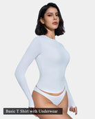 White long-sleeve crew-neck top with thong back underwear showing cutout