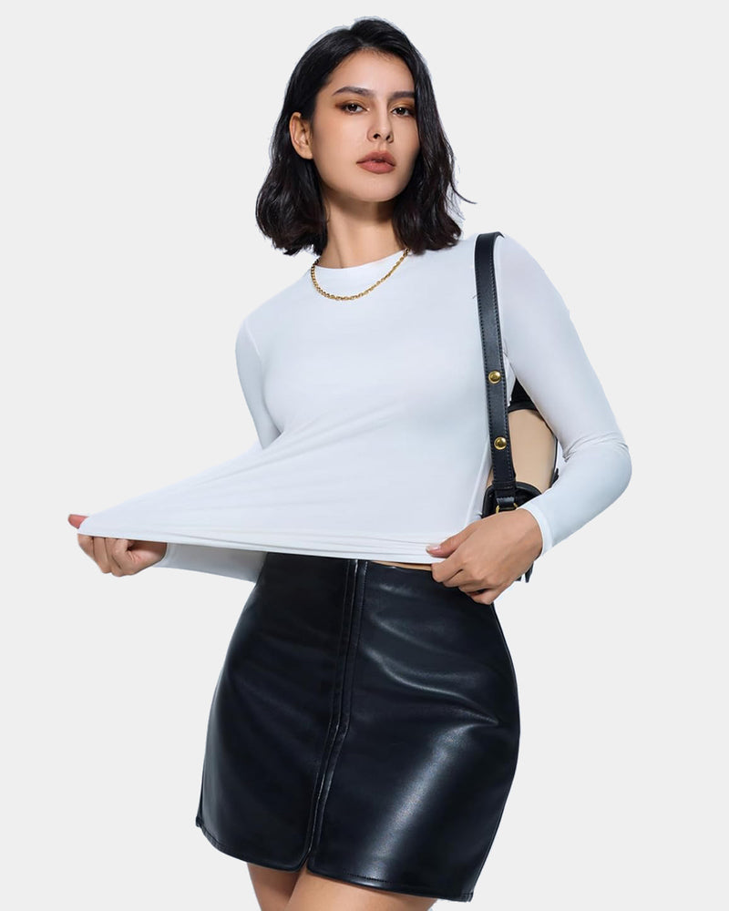 White long-sleeve fitted crew-neck top with thong-style underwear set
