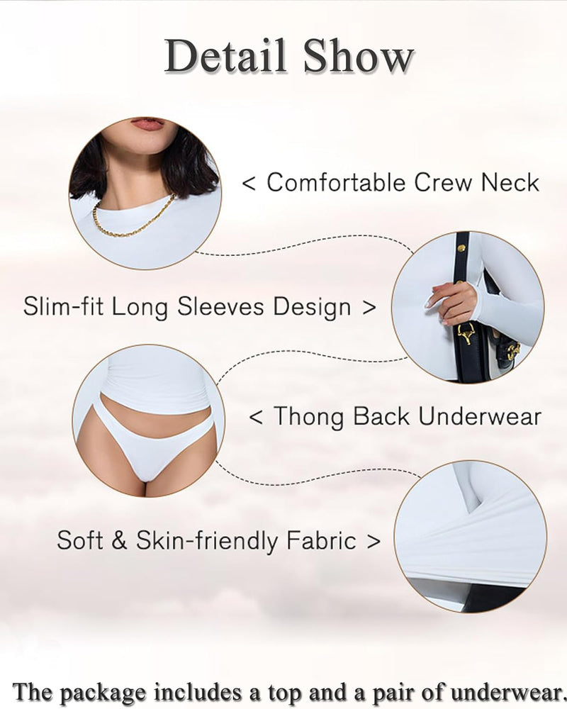 Long-sleeve crew-neck top with thong back underwear, product detail graphic