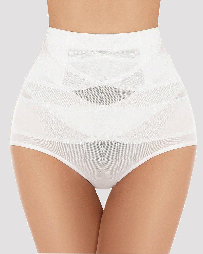 White tummy control thong with opaque panel and sheer geometric mesh band