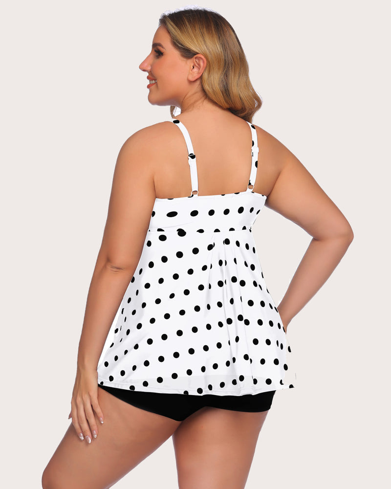 Two-piece tankini set, back view of white tankini with black dots and black shorts