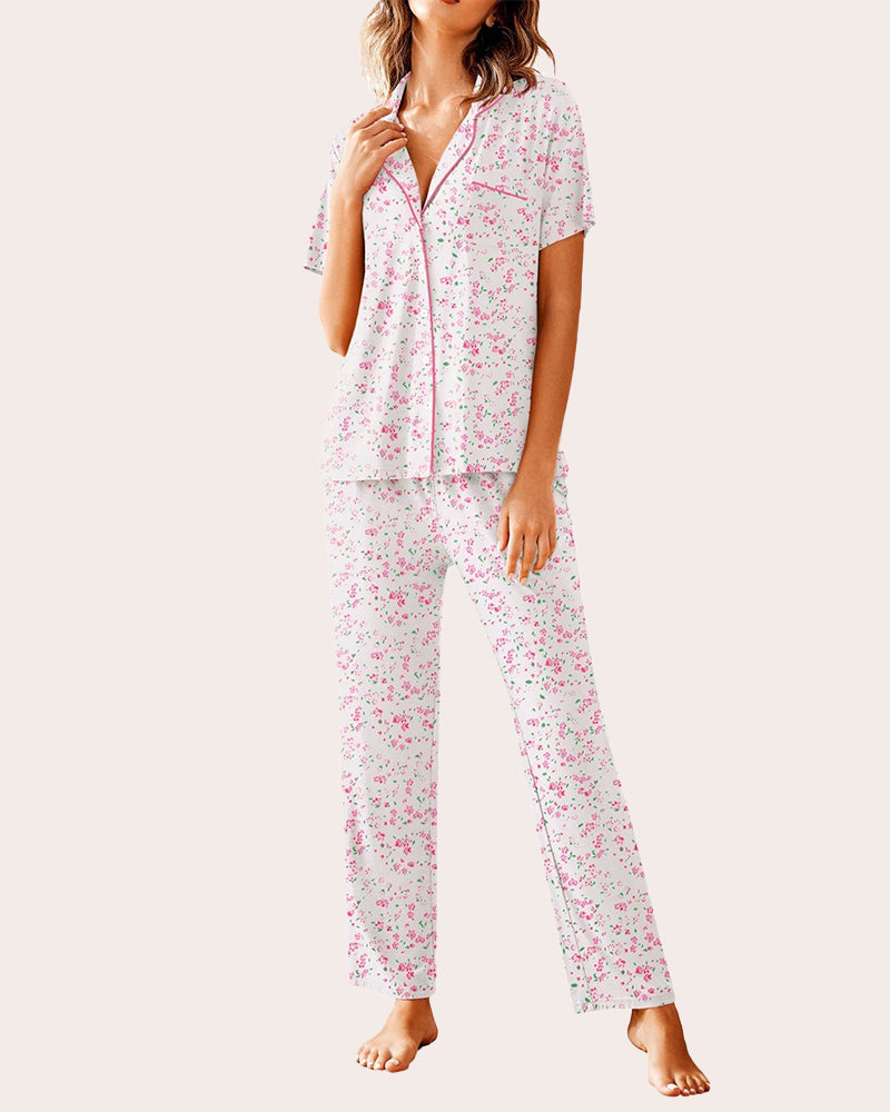 Light pajama set with short-sleeve button shirt and long pants, pink floral print