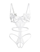 White floral lace teddy with satin bow underwire cups and strappy cutouts