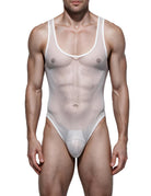 White sheer mesh thong bodysuit with white trim, sleeveless one-piece