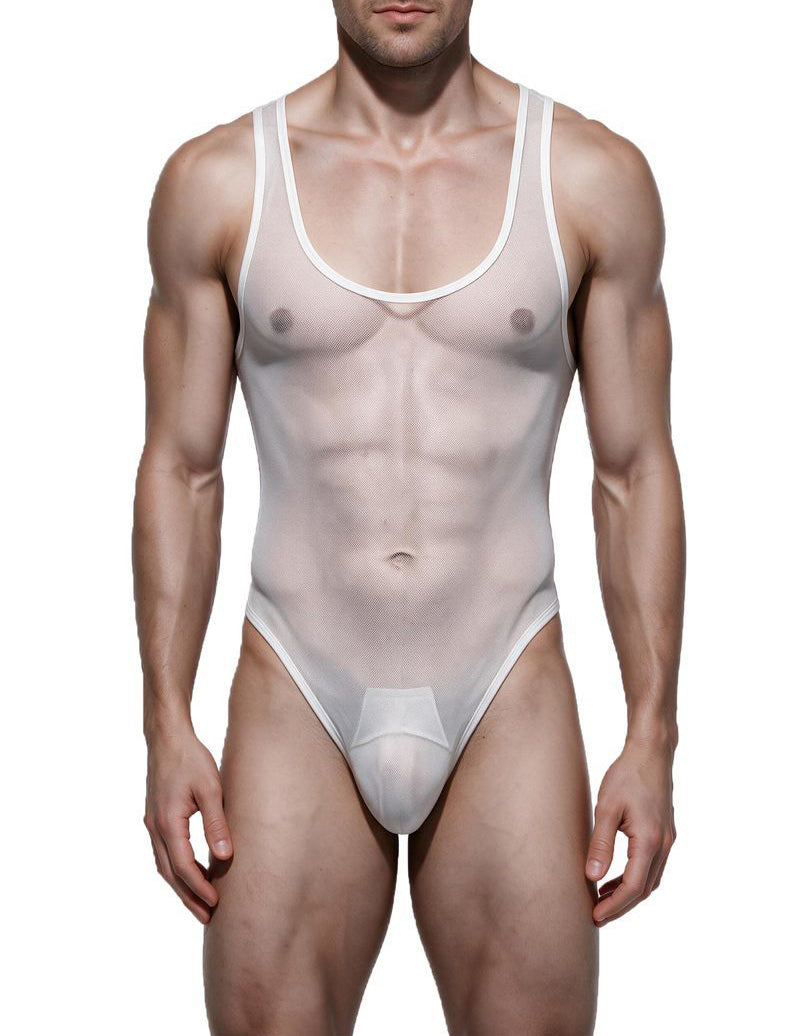 White sheer mesh thong bodysuit with white trim, sleeveless one-piece