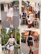 White cut-out fishnet shrug crop top with long sleeves and lace-up sleeve openings