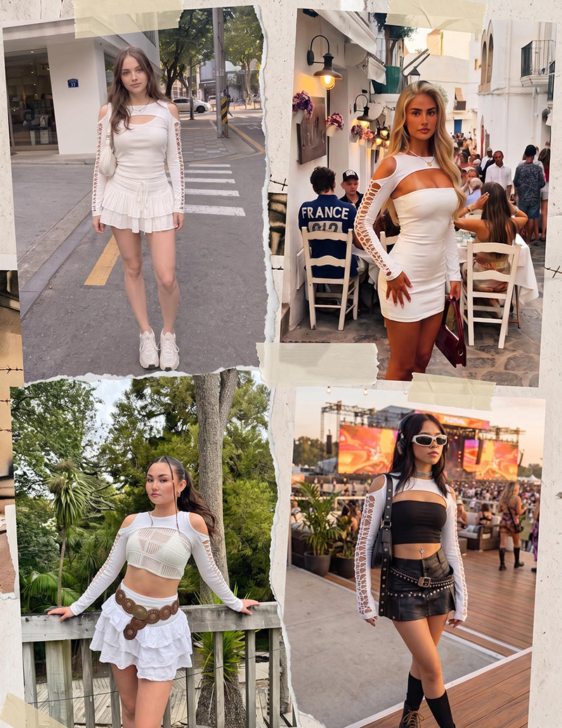 White cut-out fishnet shrug crop top with long sleeves and lace-up sleeve openings