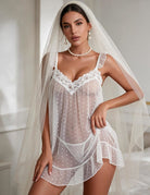 White dotted sheer chiffon babydoll with floral lace neckline and ruffled hem