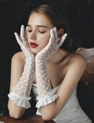White sheer heart-print gloves with lace ruffle cuffs