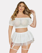 White lingerie set with polka dots, off-shoulder top, garter straps, sheer mesh skirt